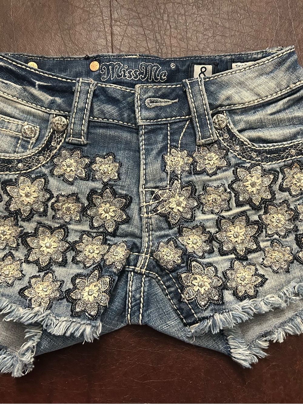 Miss Me Blue Denim Shorts with Floral Sequin Embroidery